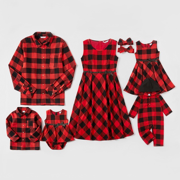 osaic Family Matching Cotton Christmas Sets(Bowknot Tank Dresses – Plaid Button Front Shirts- Rompers)
