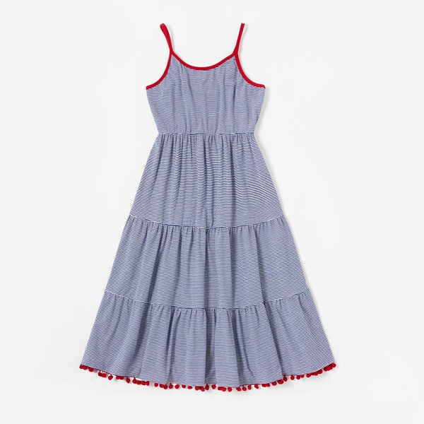 Mosaic Matching Outfits Cotton Striped Tops Flutter-sleeve Tassel Tank Dresses for Dad-Mom-Boy-Girl-Baby