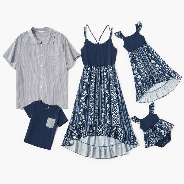 Mosaic Family Matching Dark Blue Sets(Floral Tank Dresses – Stripe Shirts – Rompers)