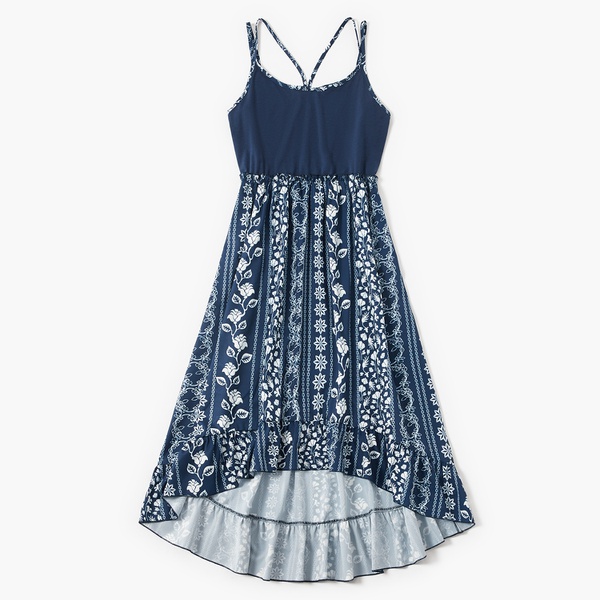 Mosaic Family Matching Dark Blue Sets(Floral Tank Dresses – Stripe Shirts – Rompers)
