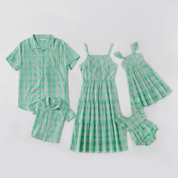 Mosaic Green Plaid Series 100% Cotton Family Matching Sets(Tank Dresses – Rompers -Button Front Shirts)