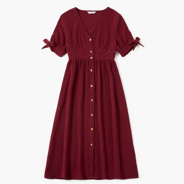 Mosaic 100% Cotton Festive Series Family Matching Sets（V-neck Red Dresses – Rompers – Plaid Button Front Shirts)