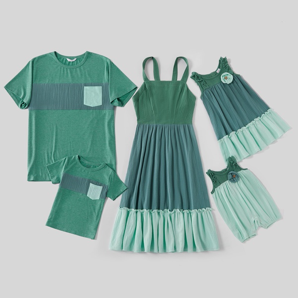 Mosaic Family Matching Green Splice 100% Cotton Sets（Tank Dresses -Rompers – Tops)