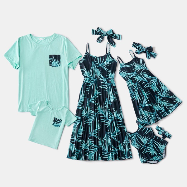 Mosaic Family Matching Palm Leaf Tank Dresses – Solid T-shirts – Rompers
