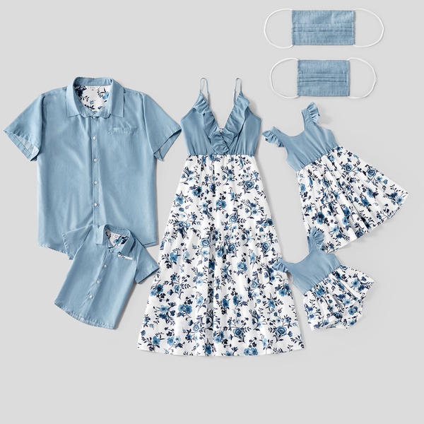 Mosaic 100% Cotton Family Matching Sets(Floral Flounce Tank Dresses – Denim Tops – Rompers -Masks)