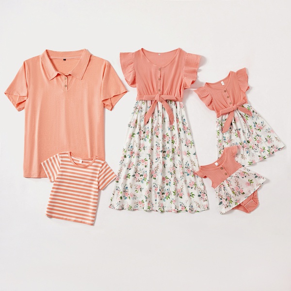 Mosaic Family Matching Cotton Stripe T-shirts Flutter-sleeve Floral Dresses – Rompers – Polo Shirts