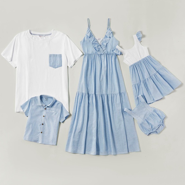 Mosaic Family Matching Pinstripe Blue Series 100% Cotton Tank Dresses Polo shirts and Simple T-shirts