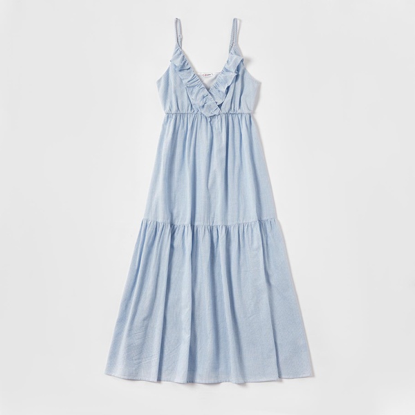 Mosaic Family Matching Pinstripe Blue Series 100% Cotton Tank Dresses Polo shirts and Simple T-shirts
