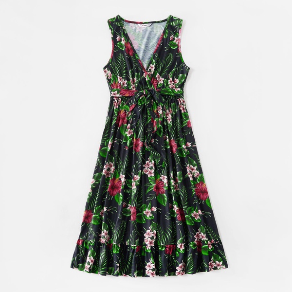 Mosaic Family Matching Floral V-neck Tank Dresses Color Block T-shirts for Dad-Mom-Boy-Girl-Baby