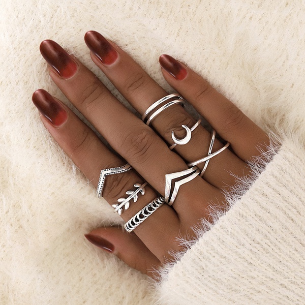 7-pcs Vintage Leaf Moon Knuckle Rings Geometric Female Finger Rings Set Jewelry Gift