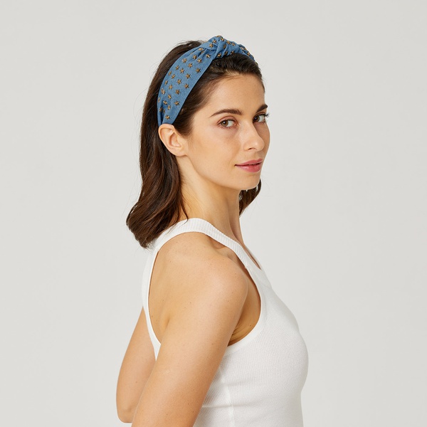 Women Denim Fabric HotDrill Crystal Knotted Headband