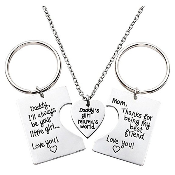 Gifts for Daughter, Daddy’s Girl Mommy’s World Mother Father Necklace Keychain Pendant Jewelry Set
