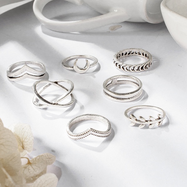 7-pcs Vintage Leaf Moon Knuckle Rings Geometric Female Finger Rings Set Jewelry Gift