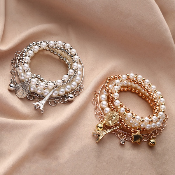 6-pcs Multilayer Paillette Bangles Fashion Gold Color Beads Pearl Bracelets Women Charm Party Jewelry Gift