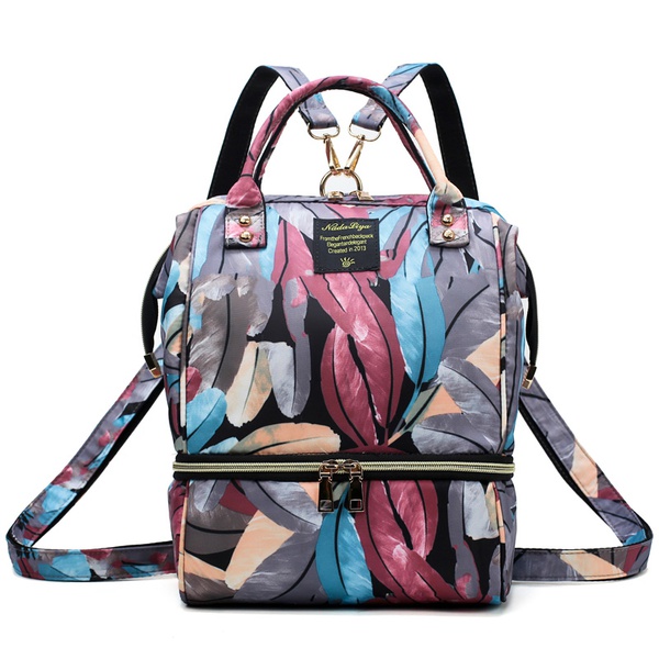 Multifunctional Mummy Diaper Backpack Feather Print Insulated Maternity Travel Baby Changing Backpack