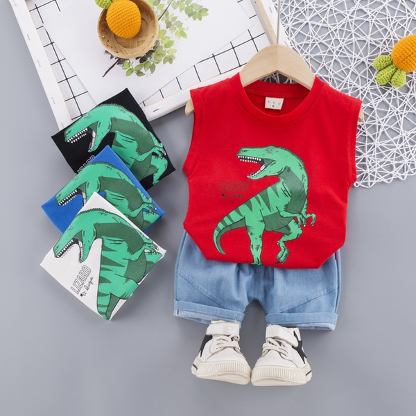 Baby Boy Cartoon Animal Dinosaur Top and Denim Shorts Set (No Shoes )