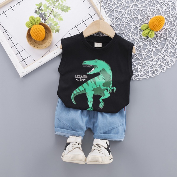 Baby Boy Cartoon Animal Dinosaur Top and Denim Shorts Set (No Shoes )