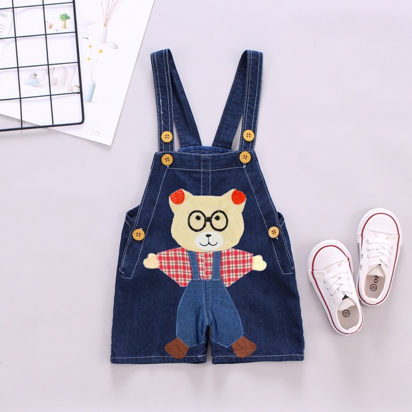 Bear Embroidered Denim Suspender Shorts (no shoes)