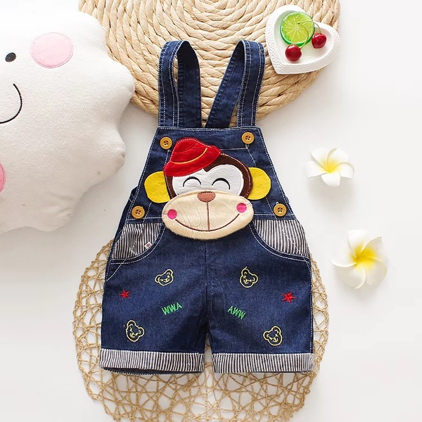 Trendy Monkey Applique Denim Overalls for Baby