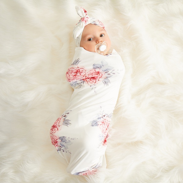 Floral Print Baby Swaddle and Hat Set