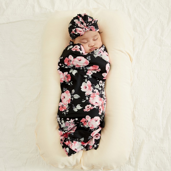 Floral Print Baby Swaddle and Hat Set