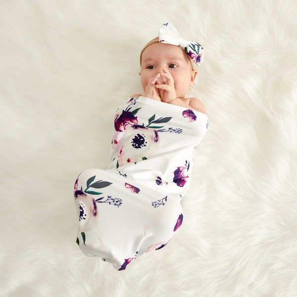 Elegant Floral Print Sleeping Baby Bag and Headband Newborn Swaddle Blanket Wrap