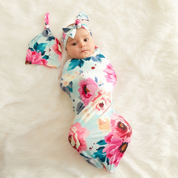 3-piece Full Floral Print Baby Blanket Swaddle Hat and Headband Set
