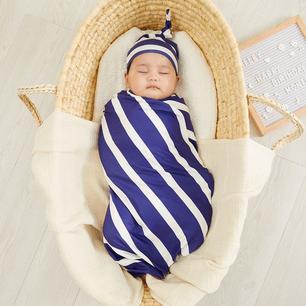 2 Pcs Cotton Stripe Cute Baby Blanket and Hat Bedding Sleeping Bag Infant Gift Baby Swaddle Blanket