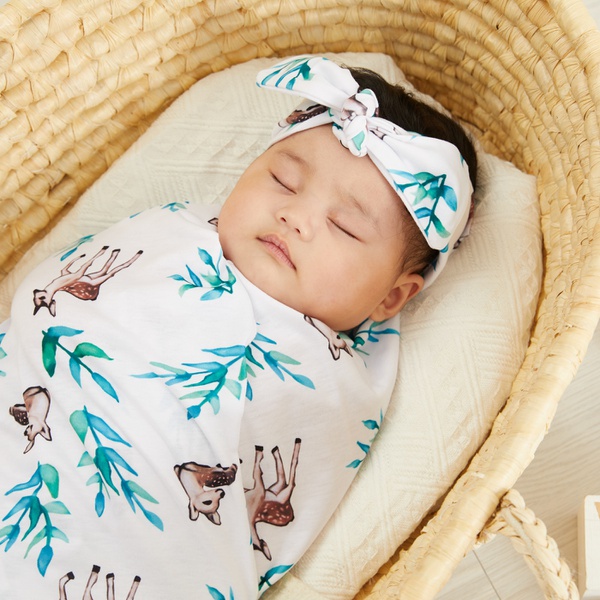 Deer Print Blanket Swaddle and Headband Set