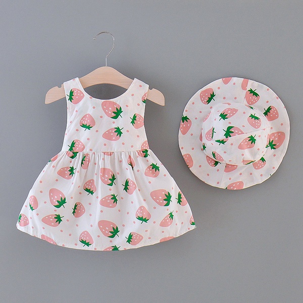 Baby Strawberry Print Dresses with Hat Set