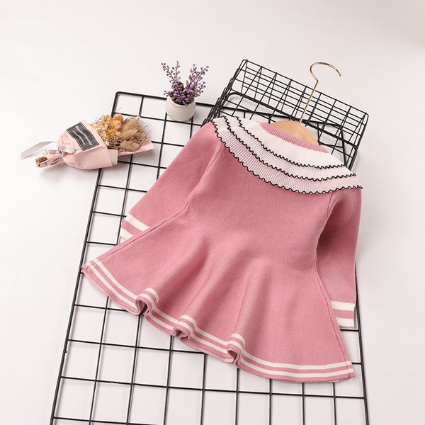 Baby Sweet Solid Striped Doll Collar Long-sleeve Dress