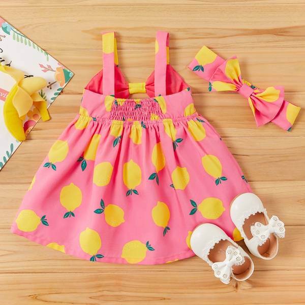 Baby Lemon Print Strappy Dresses with Headband Set