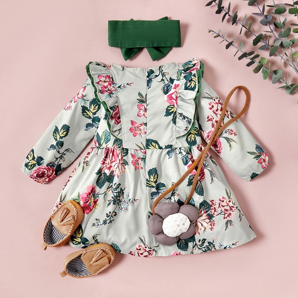 Baby / Toddler Girl Floral Print Long-sleeve Dress with Solid Headband