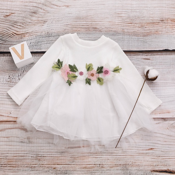 Jersey Cotton Long-sleeve Tutu Dress with Flower Decor Waist for Baby and Toddler Girls