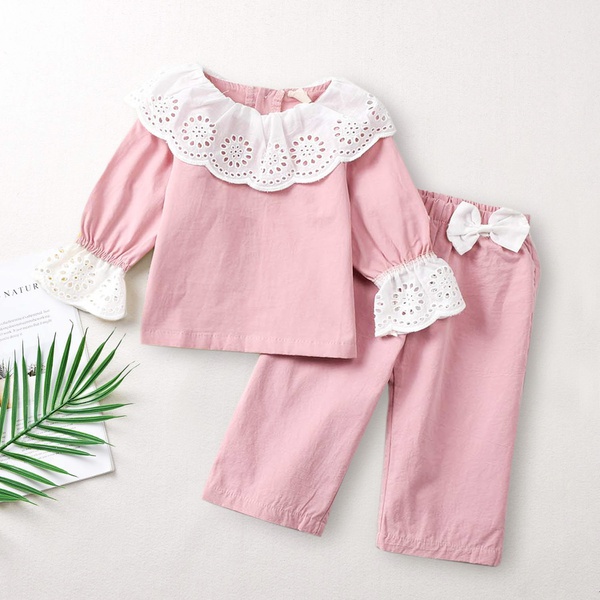 Baby / Toddler Pretty Lace Hollow Out Top and Bowknot Decor Pants Set