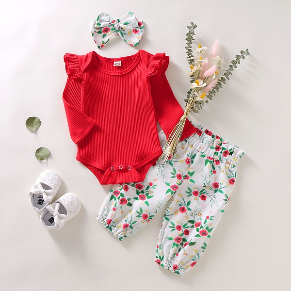 3-piece Baby Girl Solid Ruffled Shoulder Bodysuit and Floral Pants with Headband Set