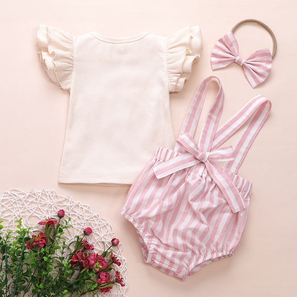 3-piece Solid Flutter-sleeve Top and Suspender Shorts Set