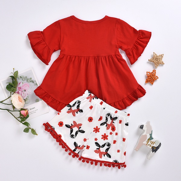 Cow Print Flounced Top and Shorts Set