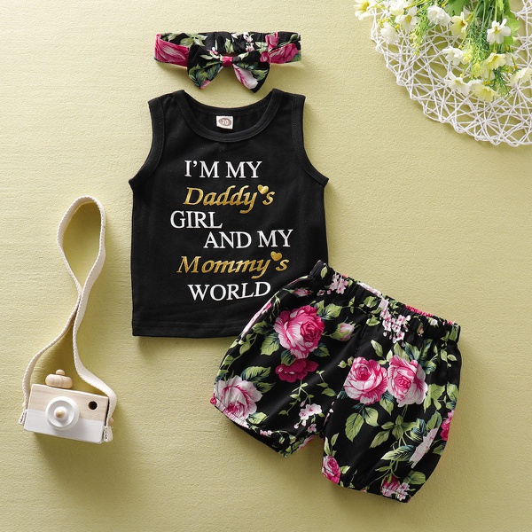 3-piece Letter Print Sleeveless Top and Allover Shorts Set