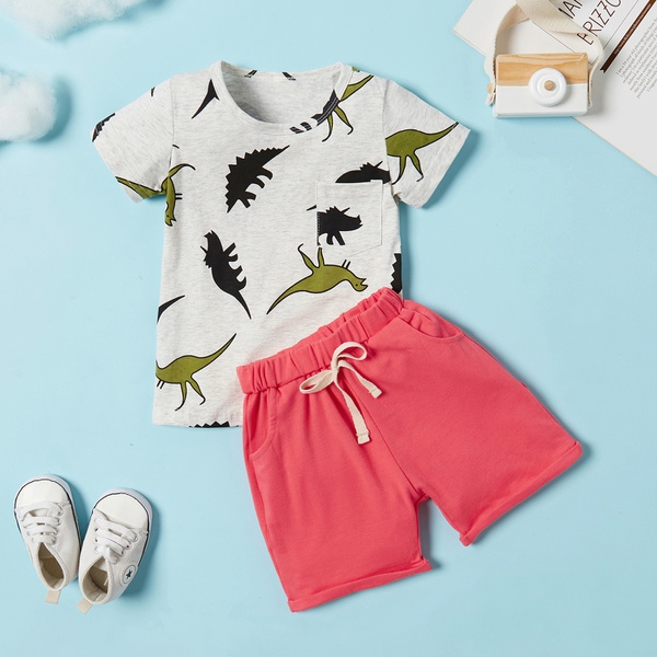 Dinosaur Allover Top and Solid Shorts Sets