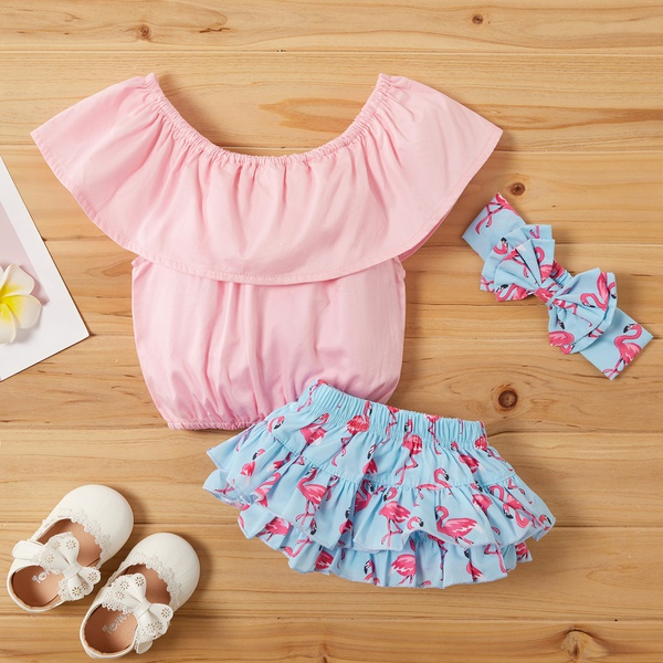 Baby Girl Sweet Solid Top and Flamingo Shorts Set with Headband