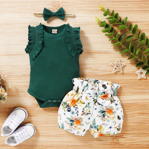 3-piece Short-sleeve Bodysuit and Allover Shorts Set