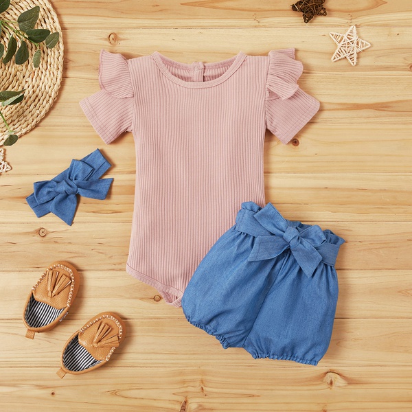 3-piece Short-sleeve Bodysuit and Denim Shorts Set