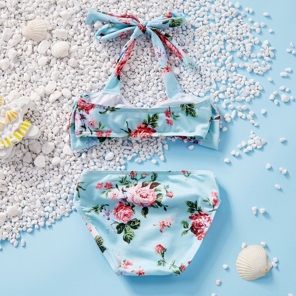 2-piece Baby / Toddler Girl Pretty Floral Print Bowknot Halter Top and Bottom Bikini Set
