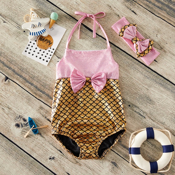 2-piece Baby / Toddler Girl Stylish Mermaid Scale Print Swimsuit and Headband Set