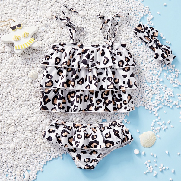 3-piece Baby / Toddler Leopard Flounced Top and Shorts Swimwear with Headband