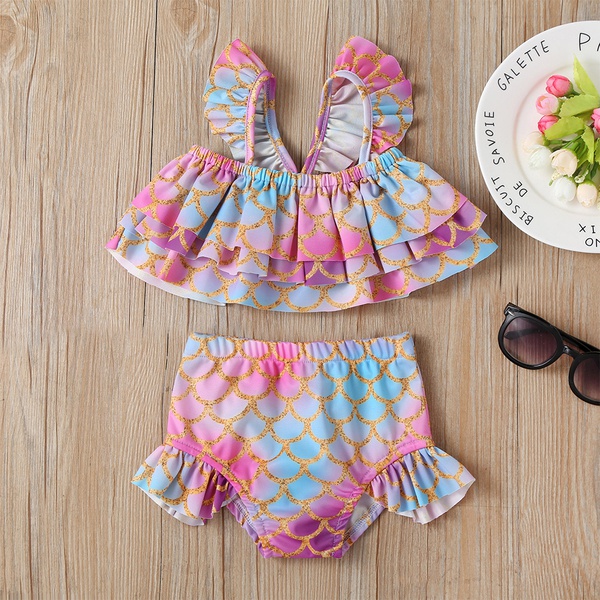 2-piece Baby / Toddler Girl Pretty Mermaid Scale Print Layered Top and Ruffled Bottom Swimsuit Set