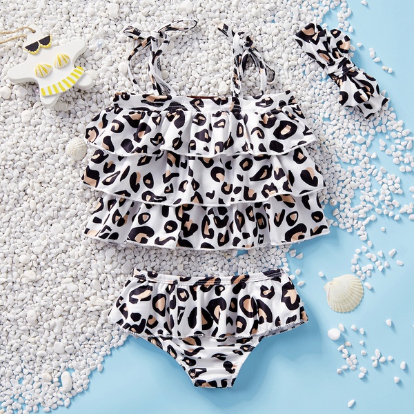 3-piece Baby / Toddler Leopard Flounced Top and Shorts Swimwear with Headband