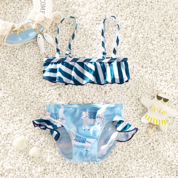 2-piece Baby / Toddler Girl Striped Top and Ruffled Bottom Bikini Set