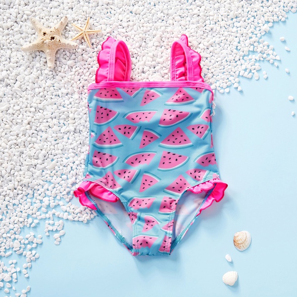 Baby Girl Adorable Watermelon Print Ruffled Strappy One-piece Swimsuit